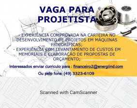 VAGA PARA PROJETISTA COM EXPERIÊNCIA