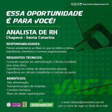 Servioeste anuncia Vaga: ANALISTA DE RH- Local: CHAPECÓ/SC